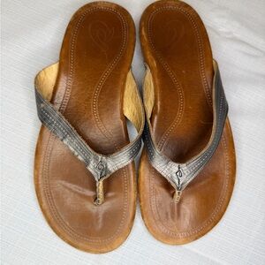 Olukai Women’s Brown and Pewter Leather Flip Flop Sandals